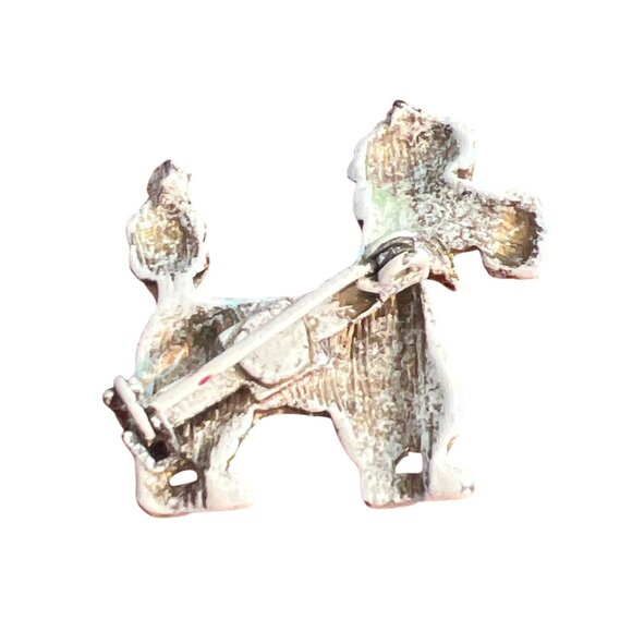 Vintage MCM Poodle Lapel Pin Brooch Gold Tone White Red Black Rhinestones 1" - Picture 3 of 4